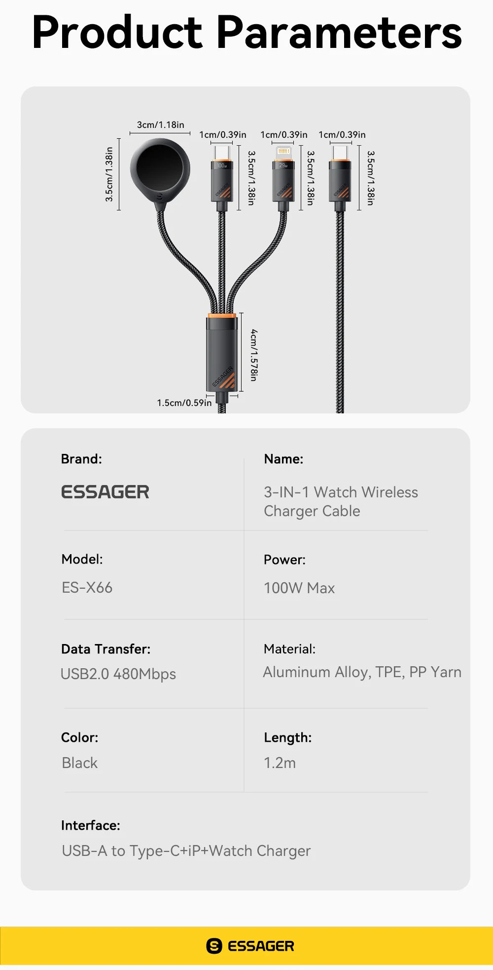 Essager 3 in 1 100W Multi USB C Charging Cable for Apple iWatch iPhone 16/15/14/13 Pro With Type C Lightning Fast Charging Cable Red Magic