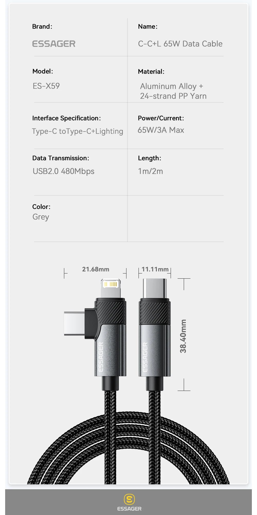 Essager 2 in 1 USB Type C Cable 65W PD Fast Charging Wire Type C To Lightning Cable For iPhone 15 14 Pro Max MacBook iPad Xiaomi Red Magic