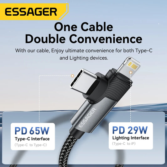 Essager 2 in 1 USB Type C Cable 65W PD Fast Charging Wire Type C To Lightning Cable For iPhone 15 14 Pro Max MacBook iPad Xiaomi Red Magic