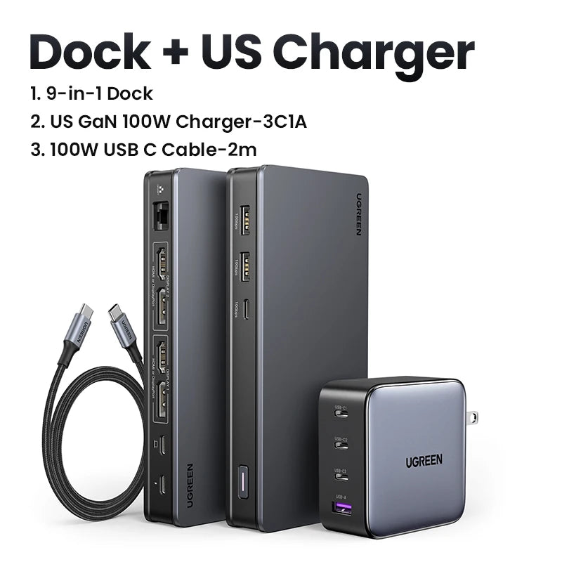 UGREEN USB C HUB Docking Station DisplayLink 9-in-1 2DP 2HDMI Dual 4K@60Hz for MacBook Windows 10Gbps PD100W Gigabit RJ45 Ports Setup Lord