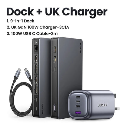 UGREEN USB C HUB Docking Station DisplayLink 9-in-1 2DP 2HDMI Dual 4K@60Hz for MacBook Windows 10Gbps PD100W Gigabit RJ45 Ports Setup Lord