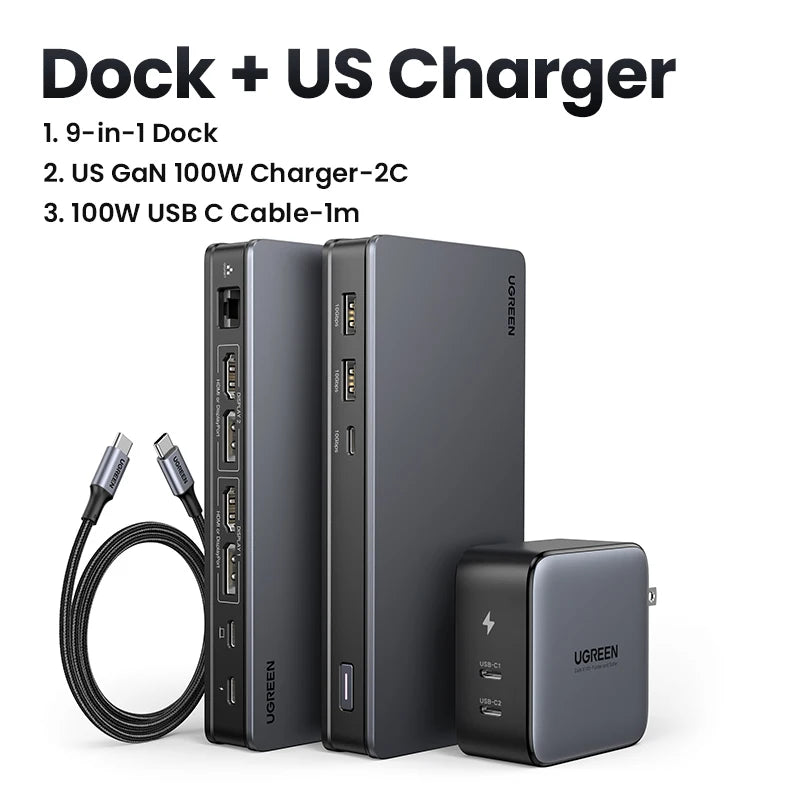 UGREEN USB C HUB Docking Station DisplayLink 9-in-1 2DP 2HDMI Dual 4K@60Hz for MacBook Windows 10Gbps PD100W Gigabit RJ45 Ports Setup Lord