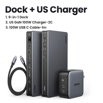 UGREEN USB C HUB Docking Station DisplayLink 9-in-1 2DP 2HDMI Dual 4K@60Hz for MacBook Windows 10Gbps PD100W Gigabit RJ45 Ports Setup Lord