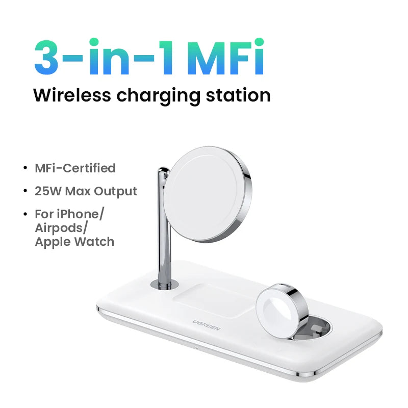 UGREEN MFi for Magsafe 25W Wireless Charger Stand 15W 3-in-1 Charging Station For iPhone 15 16 Pro Max For Apple Watch AirPods Setup Lord