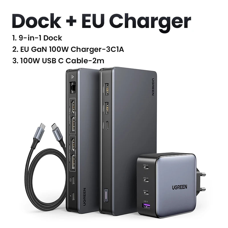 UGREEN USB C HUB Docking Station DisplayLink 9-in-1 2DP 2HDMI Dual 4K@60Hz for MacBook Windows 10Gbps PD100W Gigabit RJ45 Ports Setup Lord