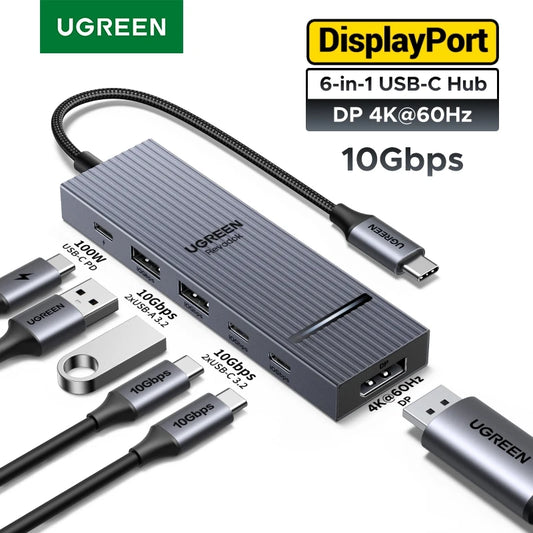 UGREEN DisplayPort USB HUB Type-C to DP 4K60Hz 10Gbps USB-A/C Data Ports PD100W Charge for Laptop MacBook Samsung Dell Lenovo Setup Lord