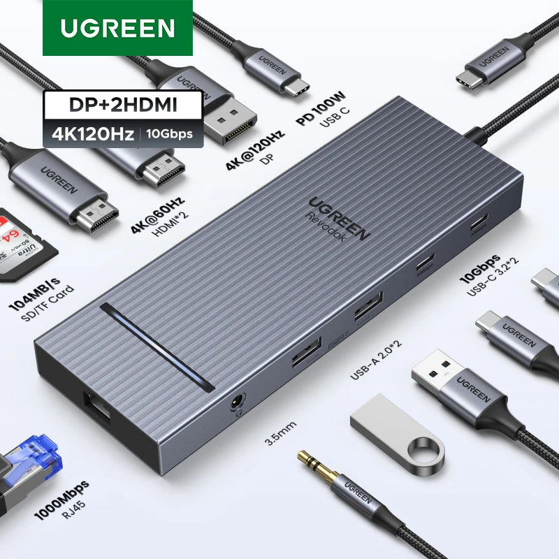 UGREEN USB HUB 4K120Hz DP Type-C to 4K60Hz 2xHDMI SD/TF RJ45 3.5mm USB3.2 Gen2 10Gbps Data for Laptop Dell HP Lenovo Accessories Setup Lord