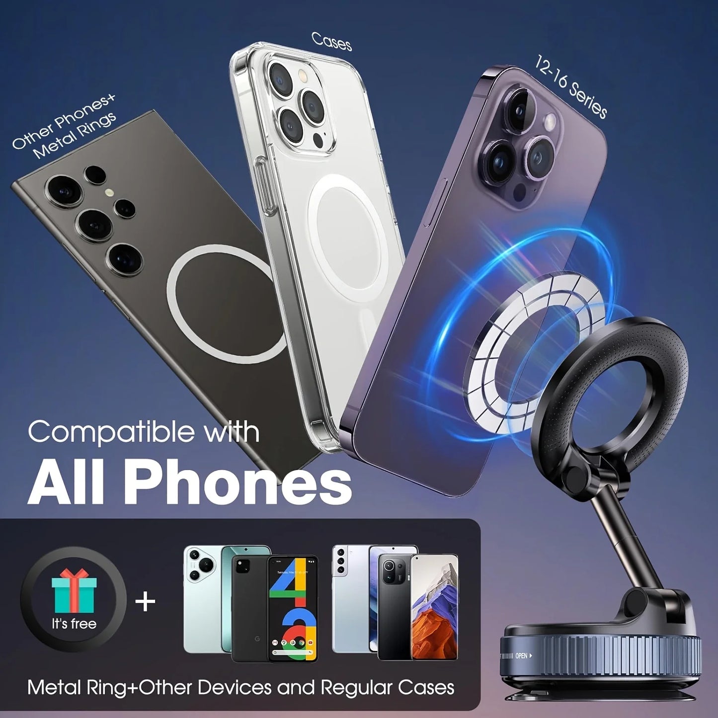 Upgraded Aluminum Alloy Vacuum Magnetic Car Phone Holder with 360° Rotation & Foldable Design Strong Magnetic Absorption Setup Lord