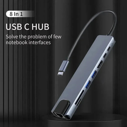 USB C Hub 8 In 1 Type C 3.1 To 4K HDMI Adapter with RJ45 SD/TF Card Reader PD Fast Charge for MacBook Notebook Laptop Computer Red Magic