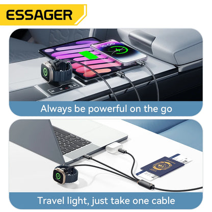 Essager 3 in 1 100W Multi USB C Charging Cable for Apple iWatch iPhone 16/15/14/13 Pro With Type C Lightning Fast Charging Cable Red Magic