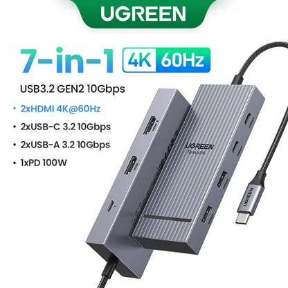 UGREEN USB HUB 4K120Hz DP Type-C to 4K60Hz 2xHDMI SD/TF RJ45 3.5mm USB3.2 Gen2 10Gbps Data for Laptop Dell HP Lenovo Accessories Setup Lord