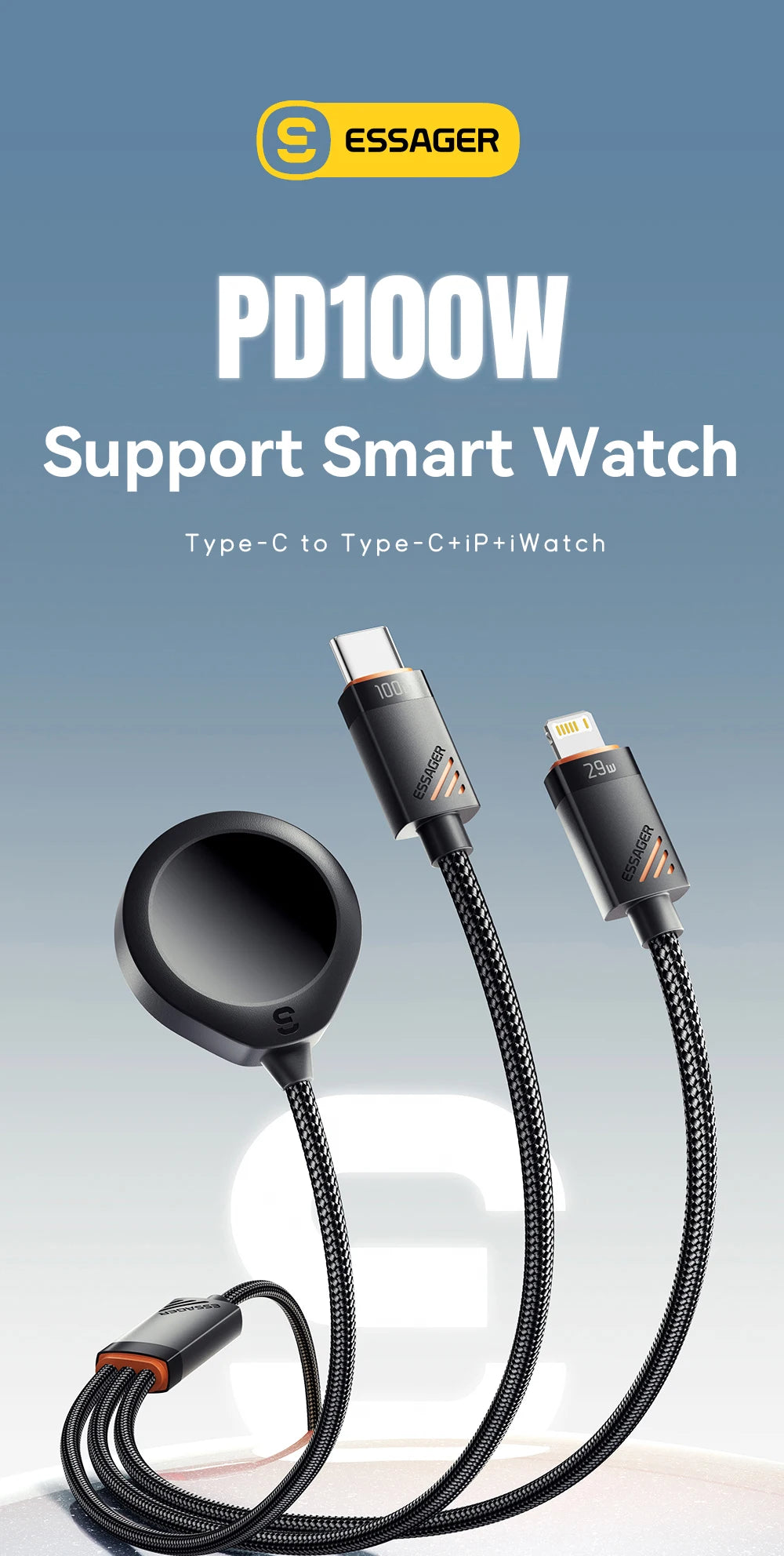 Essager 3 in 1 100W Multi USB C Charging Cable for Apple iWatch iPhone 16/15/14/13 Pro With Type C Lightning Fast Charging Cable Red Magic