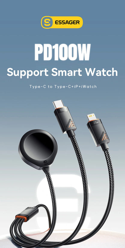 Essager 3 in 1 100W Multi USB C Charging Cable for Apple iWatch iPhone 16/15/14/13 Pro With Type C Lightning Fast Charging Cable Red Magic