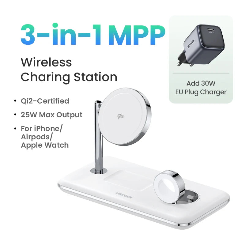 UGREEN MFi for Magsafe 25W Wireless Charger Stand 15W 3-in-1 Charging Station For iPhone 15 16 Pro Max For Apple Watch AirPods Setup Lord