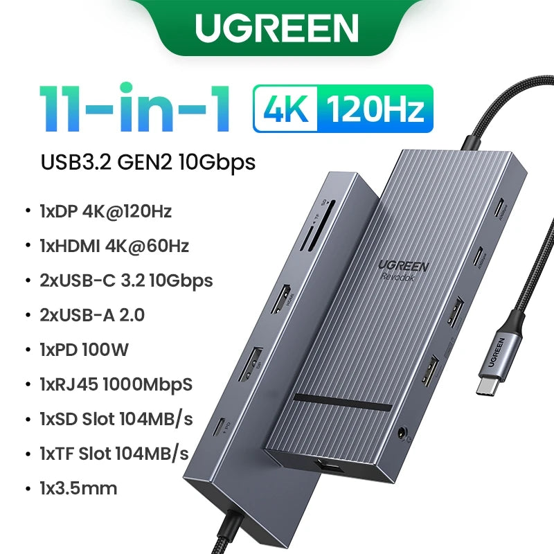 UGREEN USB HUB 11-in-1 USB-C to 4K 120Hz DP HDMI USB3.2 10Gbps SD/TF RJ45 PD for MacBook Dell Laptop Accessories Docking Station Setup Lord