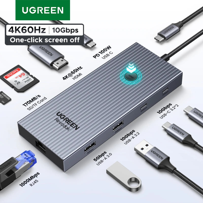 UGREEN USB-C HUB 9-in-1 4K60Hz HDMI PD100W RJ45 SD/TF USB3.2 Gen2 10Gbps for Laptop Accessories Dell MacBook HP Splitter Docking Setup Lord