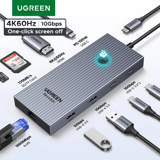 UGREEN USB-C HUB 9-in-1 4K60Hz HDMI PD100W RJ45 SD/TF USB3.2 Gen2 10Gbps for Laptop Accessories Dell MacBook HP Splitter Docking Setup Lord