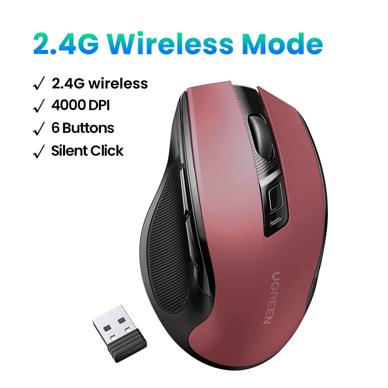 UGREEN Wireless Mouse Bluetooth5.0 Mouse Ergonomic 4000DPI 6 Mute Buttons Mouse For MacBook Tablet Laptops Computer PC 2.4G Mice Setup Lord