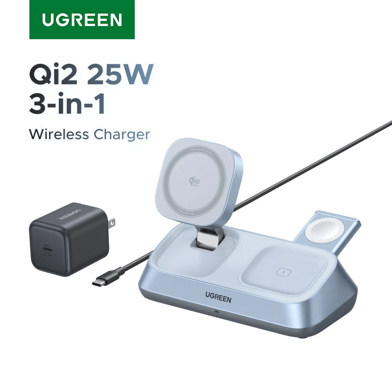 UGREEN Qi2 25W MAX Magnetic Wireless Charger Stand 3- in-1 Charging For iPhone 17 Pro Max/AirPods 4 For MagSafe Fast Charger Setup Lord