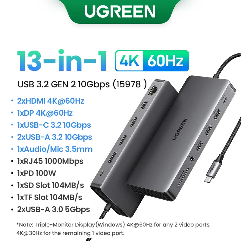 UGREEN 13-in-1 USB-C HUB Triple Display 4K Dual HDMI DP 10Gbps USB3.2 PD100W SD/TF Docking Station for MacBook Pro Air Dell XPS Setup Lord