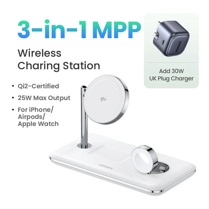 UGREEN MFi for Magsafe 25W Wireless Charger Stand 15W 3-in-1 Charging Station For iPhone 15 16 Pro Max For Apple Watch AirPods Setup Lord