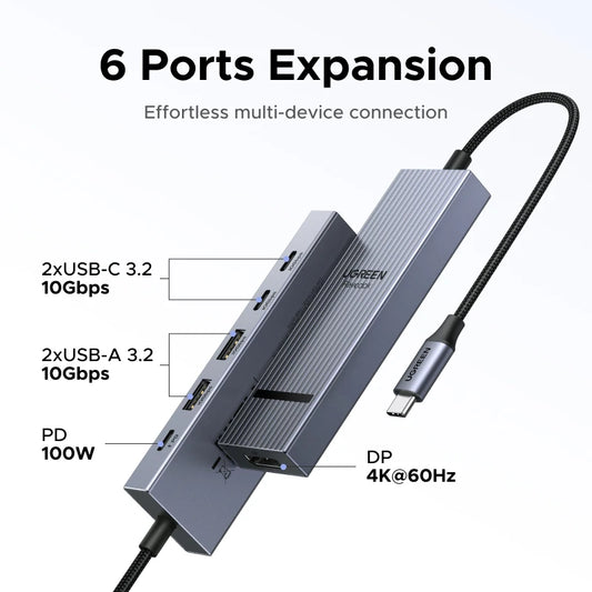 UGREEN DisplayPort USB HUB Type-C to DP 4K60Hz 10Gbps USB-A/C Data Ports PD100W Charge for Laptop MacBook Samsung Dell Lenovo Setup Lord