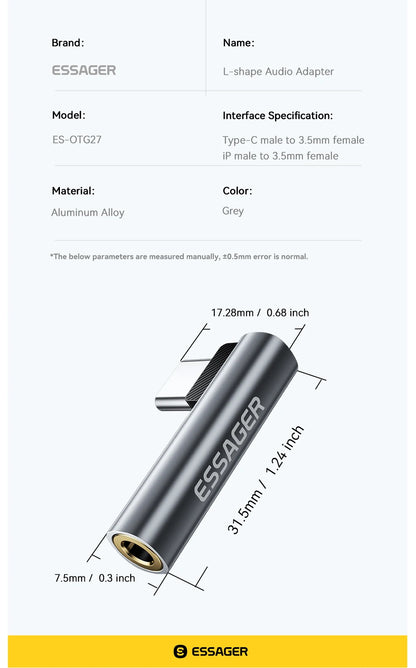 Essager L-shape Type-C to 3.5mm Jack Audio Adapter for iPhone 16 15 Samsung Lightning to 3.5mm Headphone Adapter for iPhone14 13 Red Magic