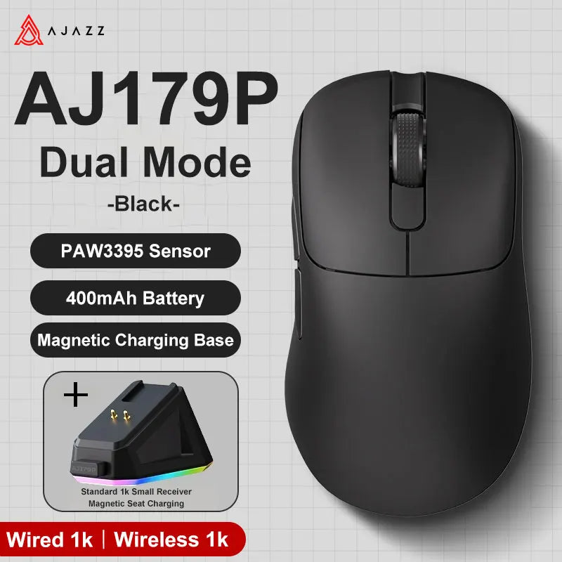 AJAZZ AJ179 PRO PAW3395 Lightweight Wired Wireless Mouse with Magnetic Charging Base Ergonomic Macro Gaming Mouse for PC Laptop Red Magic