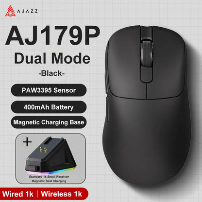 AJAZZ AJ179 PRO PAW3395 Lightweight Wired Wireless Mouse with Magnetic Charging Base Ergonomic Macro Gaming Mouse for PC Laptop Red Magic