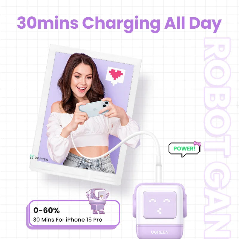UGREEN 65W GaN Charger Uno Robot Design Quick Charge 4.0 3.0 PPS for iPhone 17 16 Pro Macbook Air Laptop Tablet PD Fast Charger Setup Lord