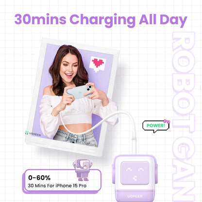 UGREEN 65W GaN Charger Uno Robot Design Quick Charge 4.0 3.0 PPS for iPhone 17 16 Pro Macbook Air Laptop Tablet PD Fast Charger Setup Lord