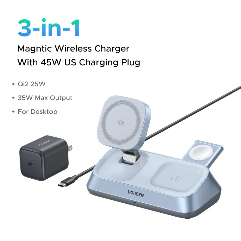 UGREEN Qi2 25W MAX Magnetic Wireless Charger Stand 3- in-1 Charging For iPhone 17 Pro Max/AirPods 4 For MagSafe Fast Charger Setup Lord