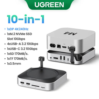 UGREEN Mac Mini Docking Station USB HUB Type-C to DP 4K240Hz M.2 NVMe SSD Slot 10Gbps SD&TF 3.5MM for Mac Mini M4 Dock & Stand Setup Lord