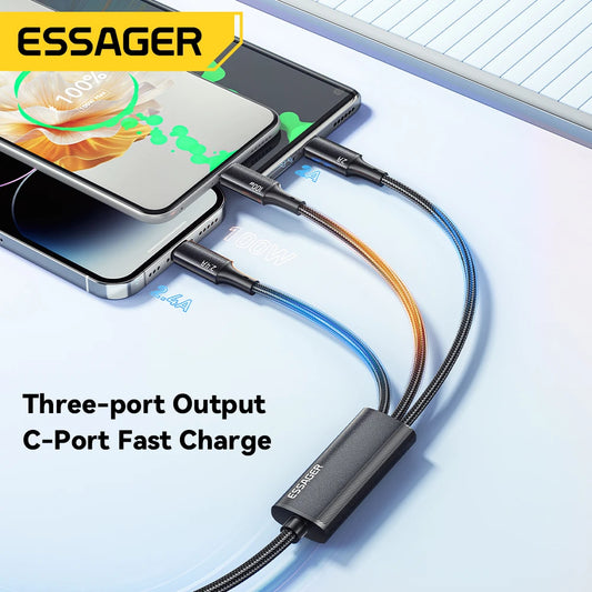 Essager 100W Cable USB C to Type C to Lighting PD Fast Charger Data 3 in 1 Quick Charging Cord For Macbook iPhone Samsung Xiaomi Red Magic