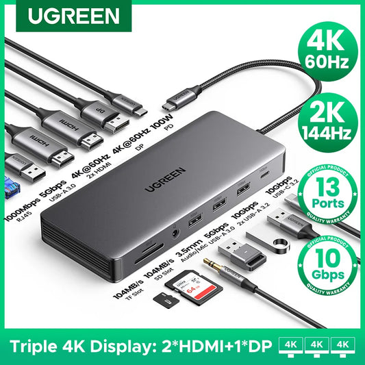 UGREEN 13-in-1 USB-C HUB Triple Display 4K Dual HDMI DP 10Gbps USB3.2 PD100W SD/TF Docking Station for MacBook Pro Air Dell XPS Setup Lord