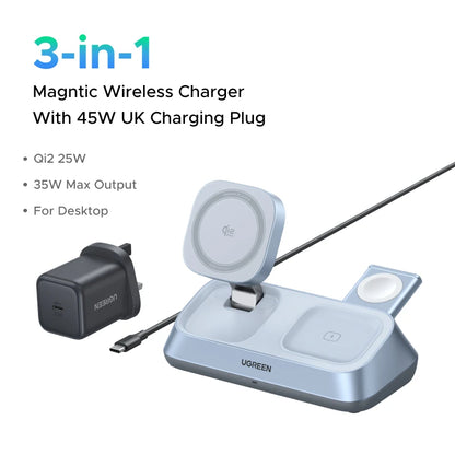 UGREEN Qi2 25W MAX Magnetic Wireless Charger Stand 3- in-1 Charging For iPhone 17 Pro Max/AirPods 4 For MagSafe Fast Charger Setup Lord