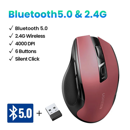 UGREEN Wireless Mouse Bluetooth5.0 Mouse Ergonomic 4000DPI 6 Mute Buttons Mouse For MacBook Tablet Laptops Computer PC 2.4G Mice Setup Lord
