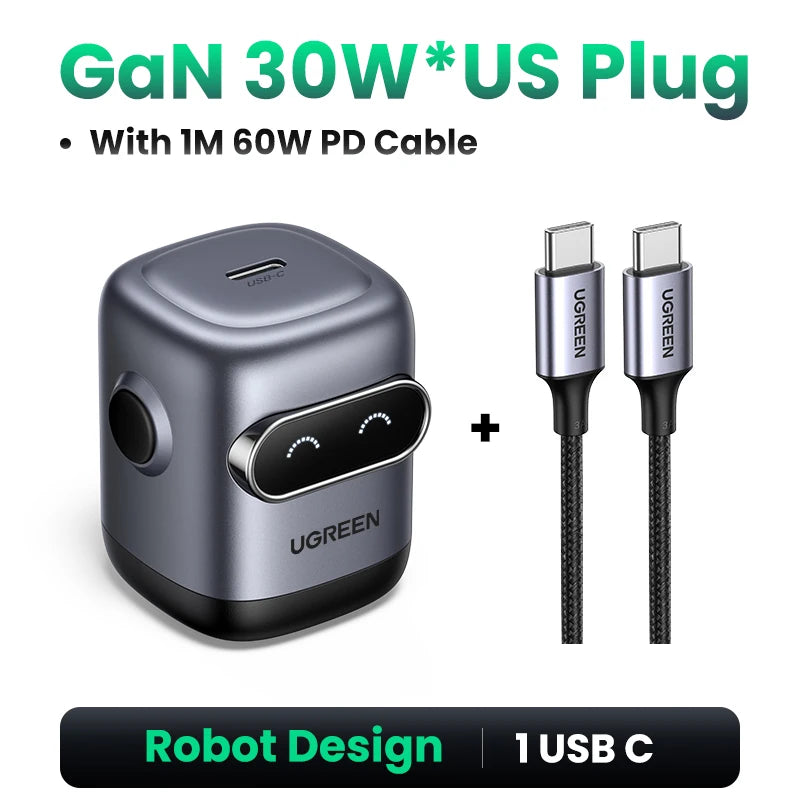 【US Plug】UGREEN 65W 30W GaN Charger Robot Design PD3.0 QC4.0 3.0 PPS Fast Charger for iPhone 17 16 15 Pro Macbook Laptops Tabl Setup Lord