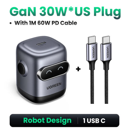 【US Plug】UGREEN 30W GaN Charger 2nd Gen Robot QC4.0 3.0 PPS PD3.0 Fast Charger For iPhone 17 16 15 Pro Max Samsung Xiaomi iPad Setup Lord
