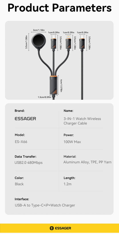 Essager 3 in 1 100W Multi USB C Charging Cable for Apple iWatch iPhone 16/15/14/13 Pro With Type C Lightning Fast Charging Cable Red Magic