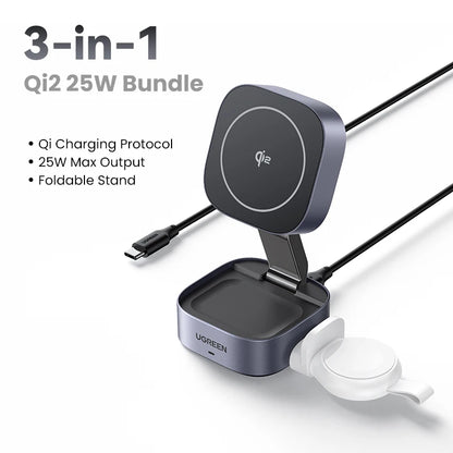 UGREEN Qi2.2 25W 2-in-1 Magnetic Wireless Charger Stand Fast Charging Stand Charger For iPhone 16 17/AirPods Magflow Charger Setup Lord