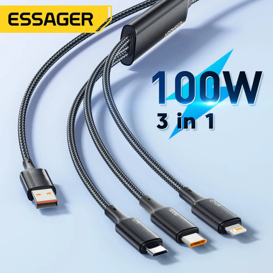 Essager 100W Cable USB C to Type C to Lighting PD Fast Charger Data 3 in 1 Quick Charging Cord For Macbook iPhone Samsung Xiaomi Red Magic