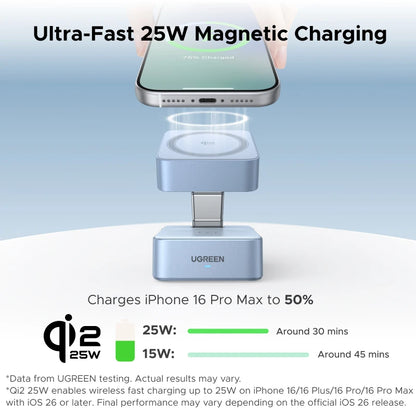 UGREEN Qi2.2 25W 2-in-1 Magnetic Wireless Charger Stand Fast Charging Stand Charger For iPhone 16 17/AirPods Magflow Charger Setup Lord