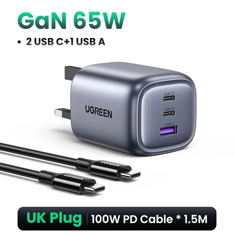 UGREEN UK Plug GaN 100W 65W Fast Charger QC 4.0 3.0  for Macbook Air Tablet iPhone 17 16 15 Pro Max Xiaomi USB Type C PD Charger Setup Lord