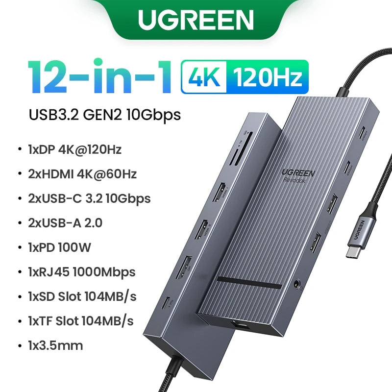 UGREEN USB HUB 4K120Hz DP Type-C to 4K60Hz 2xHDMI SD/TF RJ45 3.5mm USB3.2 Gen2 10Gbps Data for Laptop Dell HP Lenovo Accessories Setup Lord