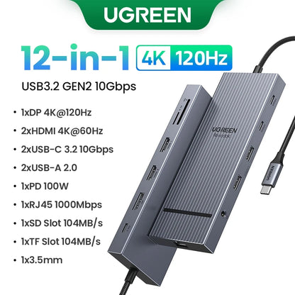 UGREEN 11-in-1 USB-C HUB Type-C to 4K@120Hz DP HDMI USB3.2 10Gbps SD/TF RJ45 PD100W for MacBook Dell Laptop Accessories Docking Setup Lord