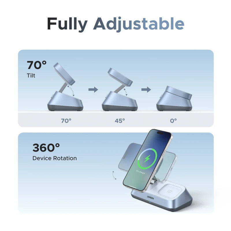 UGREEN Qi2 25W MAX Magnetic Wireless Charger Stand 3- in-1 Charging For iPhone 17 Pro Max/AirPods 4 For MagSafe Fast Charger Setup Lord