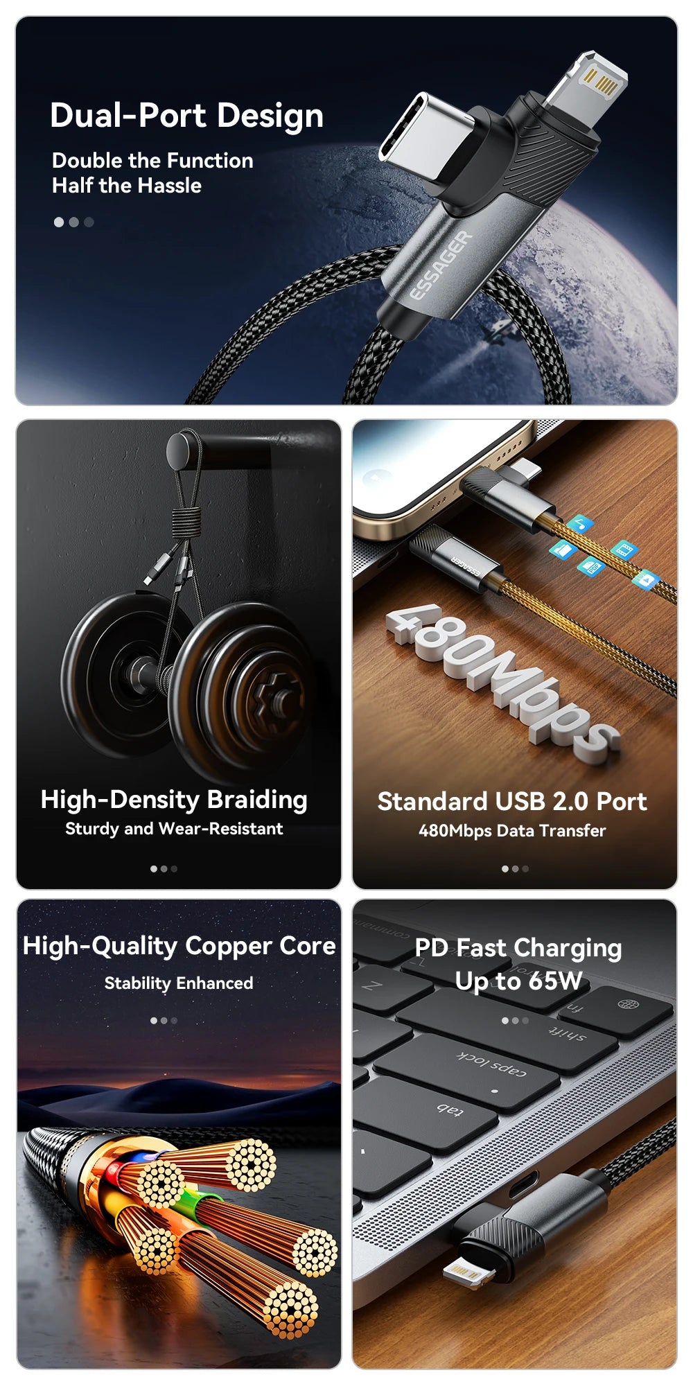 Essager 2 in 1 USB Type C Cable 65W PD Fast Charging Wire Type C To Lightning Cable For iPhone 15 14 Pro Max MacBook iPad Xiaomi Red Magic