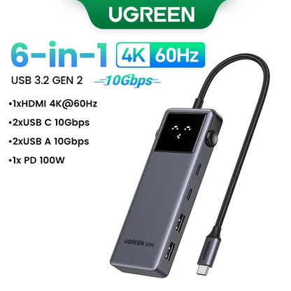 UGREEN Uno USB HUB Splitter 6-in-1 4K60Hz HDMI PD100W 10Gbps USB-C Expander Docking Station for Laptop Accessories MacBook Dell Setup Lord