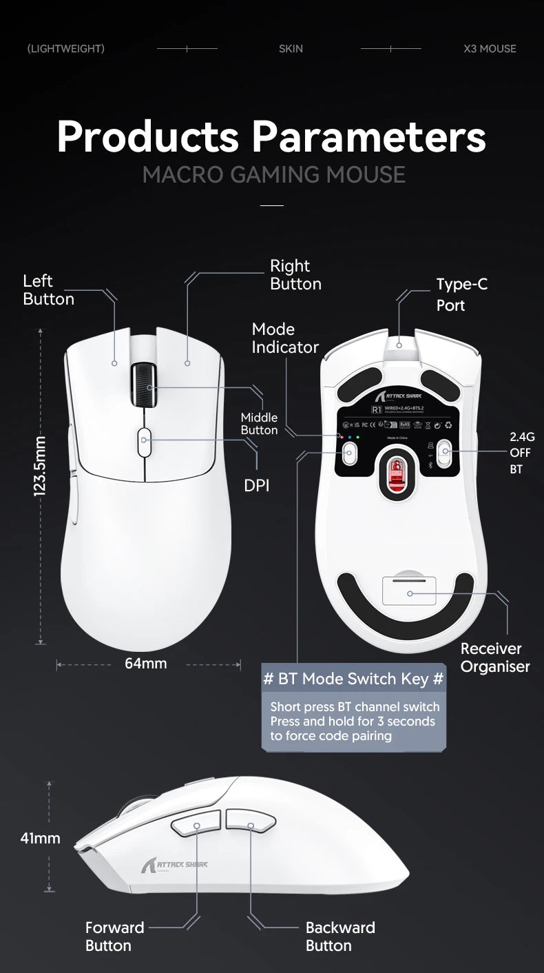 Attack Shark 18000DPI Wireless Mouse, 1000Hz,PAW3311,Bluetooth Tri-mode Connection, R1 Macro Gaming Mouse Red Magic